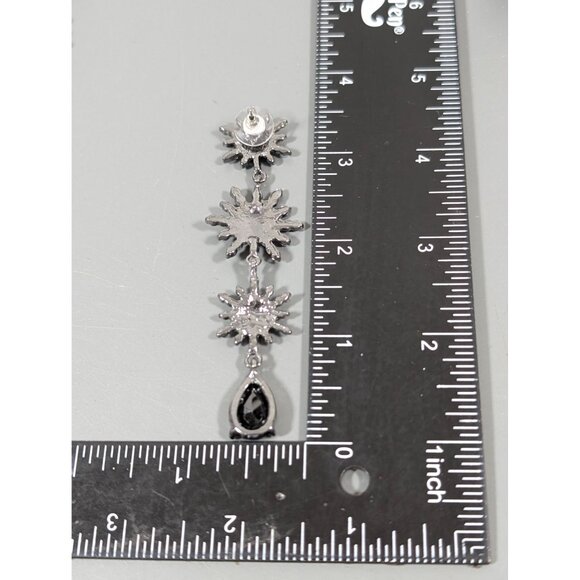 Gothic Black Rhinestone Starburst Flower Long Dangle Earrings Evening - Picture 6 of 6
